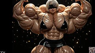 Does 2b grow into a muscular giantess in this pump factory fmg ai animation?