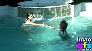 Two hot brunettes wash car naked, showing tits and ass.