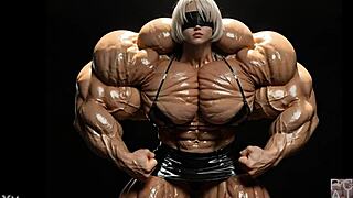 Does 2b grow into a muscular giantess in this pump factory fmg ai animation?