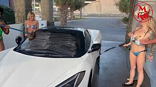 Kora Bell, Angel Minx, and Duchess Coco casually suck and fuck Jasper Woodcock in a public carwash outdoor session.