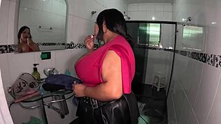 Brazilian bbw slut doll with big natural tits gives blowjob and dirty talk in bathroom backstage