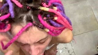 Huge squirt hits after that cumshot with sperm eating in shower close up.