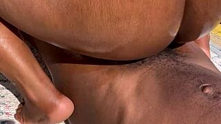 african couple gets wild outdoors with doggystyle fucking until a big creampie cumshot hits her hairy pussy