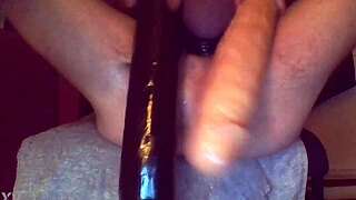 Muscular bodybuilder uses huge dildo for anal gaping close up