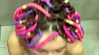 Huge squirt hits after that cumshot with sperm eating in shower close up.