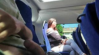 so this exhibitionist guy teases a curvy milf into sucking his big dick in a public bus