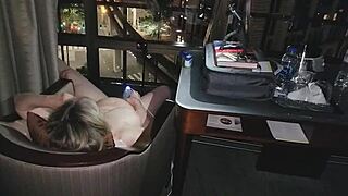 naked and masturbating in front of the city at night, this granny's like totally flashing her orgasm, ya know?