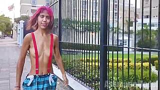 topless with suspenders and micro skirt flashing my petite ass in public streets 🐰😏