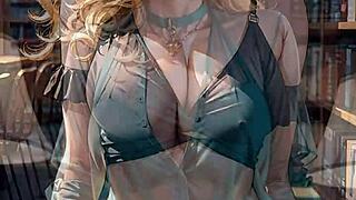 Hey, this AI-generated blonde librarian is flashing her pussy outdoors