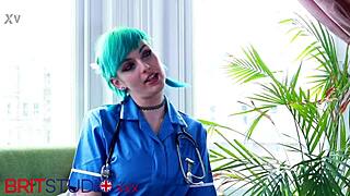 Blue haired alternative nurse handles your cock during the appointment