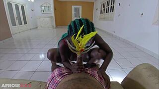 Oh man, check out this busty ebony with huge tits riding my cock hard, making them bounce wildly!