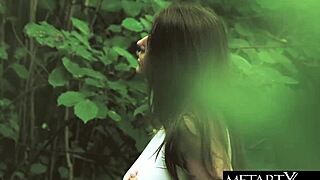 Look at this sexy green-eyed beauty with perfect breasts masturbating outdoors in the forest