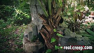 Blonde slim babe lost in the forest dragged by horny sex maniac