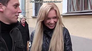 Blonde sucks outdoors