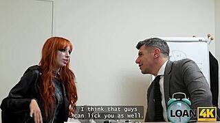 Fuck me hard in the office, says the horny goth redhead during her loan interview with shaved pussy action.
