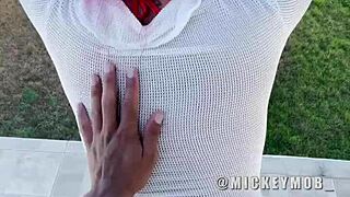 Santana Red with big booty performs blowjob on huge cock outdoors in Caribbean.