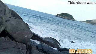 Asian Babe with Big Ass Gives Blowjob to Big Cock in Outdoor Nudist Beach Scene