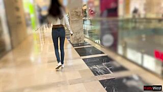 Teen 18+ experiences public pee in jeans while in shopping mall with fetish flashing