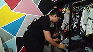 i'm organizing clothes when my horny neighbor shows up and starts groping my big ass for lesbian fun