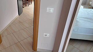 oh man, stepmom gets all shocked seeing her stepson's huge dick while bent over in the kitchen teasing him.