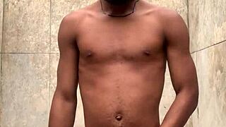 Amateur gives soapy massage in the shower and nearly gets caught during first time encounter.