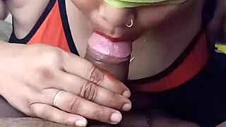 horny indian wife gives homemade blowjob to big cock with her boobs out until cum hits