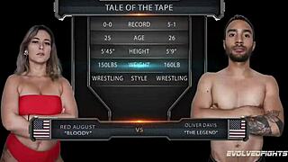 Busty red August in nude wrestling fight vs Oliver Davis, deepthroating his cock hard