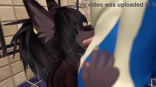 alpha wolf grabs horny slut with big tits at gym, deepthroating and riding his monster cock in furry vrchat scene.