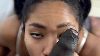 Pov blowjob from horny amateur babe Nysdel sucking stepbrothers big black cock deepthroat style. Homemade ebony couple action with tits massage.