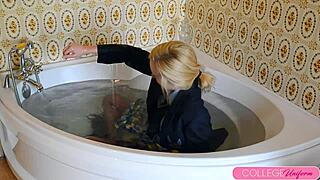 sophia smith jumps in bathtub fully clothed for wet squirting fun with cute girlfriend