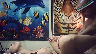 Behind the scenes Italian pound machine fucks Candice Cumm in glasses with shaved pussy passion.