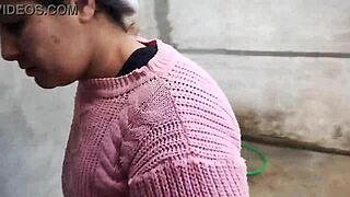 the bricklayer shows up to finish the job finds the boss lady cleaning the pool area and convinces her to go to the bathroom for a blowjob