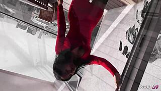 Tanned Latina model with perfect body and long nipples does risky no condom fuck with old tourist on balcony.