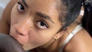 Pov blowjob from horny amateur babe Nysdel sucking stepbrothers big black cock deepthroat style. Homemade ebony couple action with tits massage.