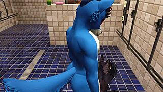 alpha wolf grabs horny slut with big tits at gym, deepthroating and riding his monster cock in furry vrchat scene.