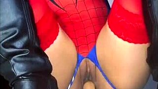 Spider woman is about to cum over a big black cock in this interracial cosplay scene.