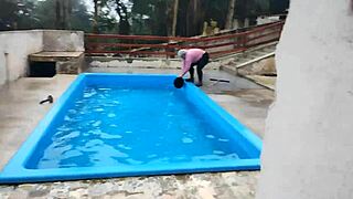 the bricklayer shows up to finish the job finds the boss lady cleaning the pool area and convinces her to go to the bathroom for a blowjob