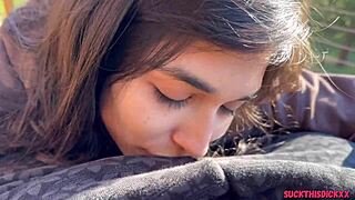 All natural teen 18+ sucks her boyfriend's cock in the woods and swallows cum