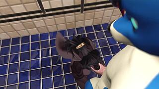 alpha wolf grabs horny slut with big tits at gym, deepthroating and riding his monster cock in furry vrchat scene.