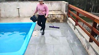 the bricklayer shows up to finish the job finds the boss lady cleaning the pool area and convinces her to go to the bathroom for a blowjob