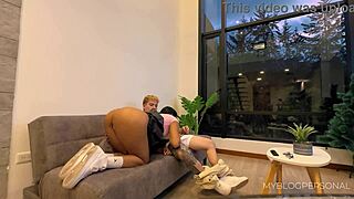 Petite Colombian teen girlfriend from Tinder rides cowgirl hardcore on first date with couple friend