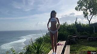 Security guard spots naughty skinny teen in private garden spot and bangs her doggystyle with sea view.