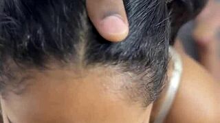 Pov blowjob from horny amateur babe Nysdel sucking stepbrothers big black cock deepthroat style. Homemade ebony couple action with tits massage.