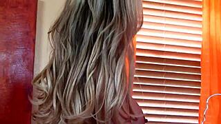 Blonde with big ass and tits rides cowgirl rough on wet shaved pussy for cumshot.