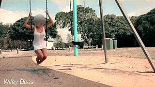 Hey, watch my wife swing on the swing with no panties flashing shaved pussy!