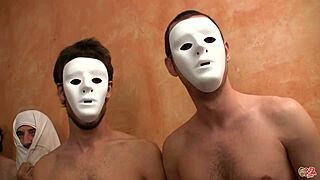 Two Spanish beauties swallow loads in intense blowbang group action with bukkake finish.