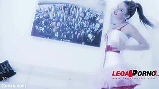 how does timea bella handle rough 4on1 airtight dp with gaping asshole and facial cumshot?