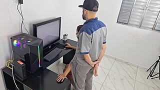 housewife calls technician and greets him wearing only panties for handjob fun