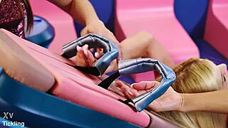 beautiful blonde model candee licious gets giggles in feet tickling challenge with talia mint