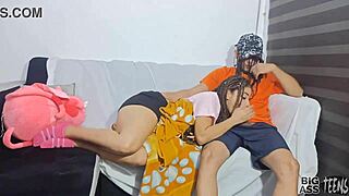 i have sex with my stepdad and my stepmom almost catches us fucking on the sofa... i like daddy's cock so much